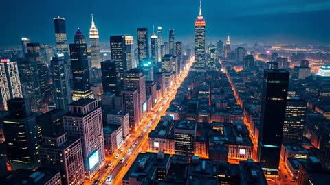 Aerial View of Metropolitan Skyline with Illuminated Skyscrapers