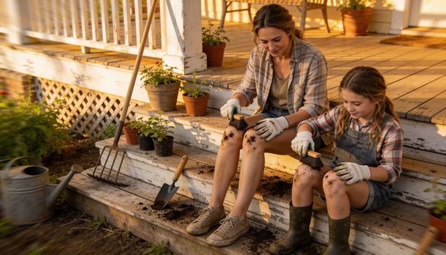 Mother and daughter brushing soil from knees on sunlit porch steps during golden hour