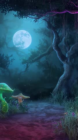 Vertical enchanted forest night with bioluminescent mushrooms pulsing to fireflies