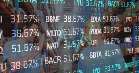 Financial data overlay on volunteers coordinating in warehouse