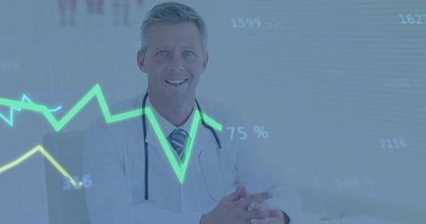 Smiling Doctor with Stethoscope and Neon Data Graph Showing 75% Healthcare Analytics