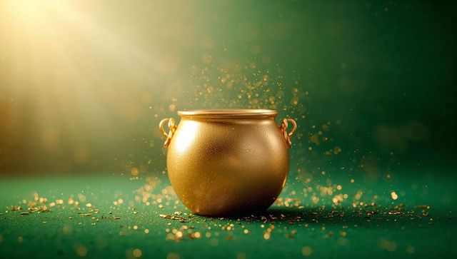 Golden cauldron on green felt with sparkling gold confetti and warm sunbeam