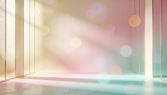 Sunlit minimalist interior showcasing floor-to-ceiling glass panels and pastel bokeh light
