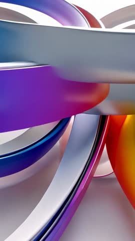 Vertical abstract metallic ribbons and rings rotating with shifting colorful hues