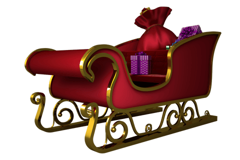 Transparent red and gold santa sleigh with gift bag