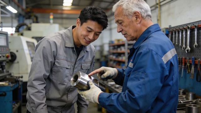 Senior technician mentoring apprentice inspecting precision machined metal cylinder in workshop