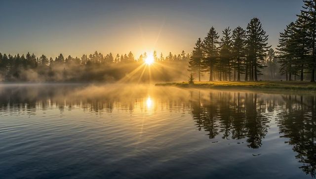 Dawn sunburst casting golden rays across misty lake with pine tree reflections