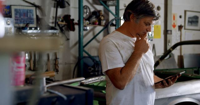 Mechanic in Garage Looking at Tablet Device - Download Free Stock Images Pikwizard.com