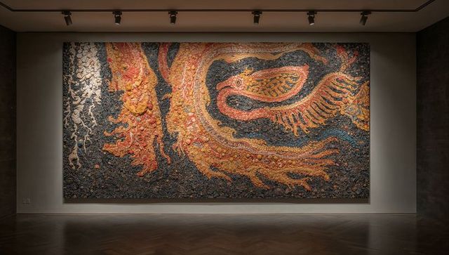 Monumental textured phoenix mosaic on gallery wall with dramatic spotlights and relief