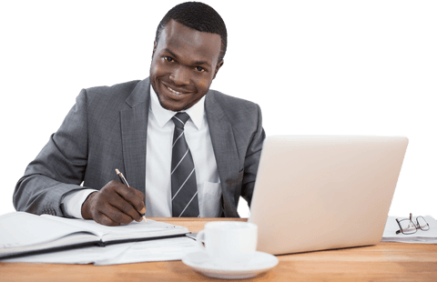 Confident Businessman Smiling at Transparent Workplace Desk