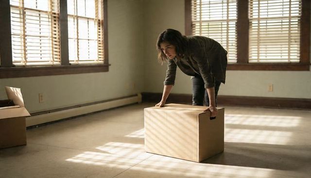 Young woman lifting cardboard box in sunlit minimalist apartment with wooden blinds