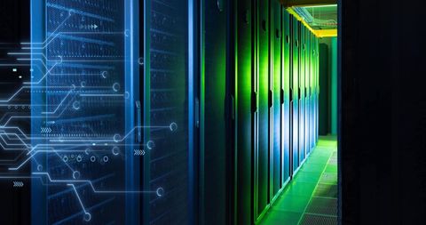 Futuristic Data Center with Circuit Board Overlay - Download Free Stock Images Pikwizard.com