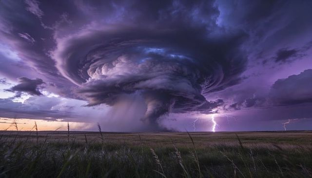 Rotating supercell forming wall cloud over grassland lightning striking rain shaft at sunset