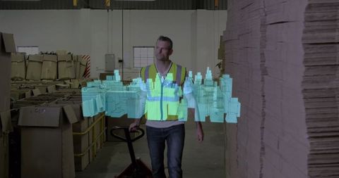 Warehouse Worker with Augmented Reality 3D City