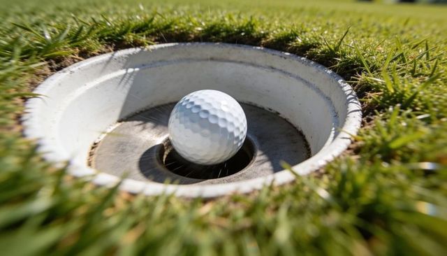 Golf ball resting on putting green cup rim close-up with sunlit shadow and worn liner