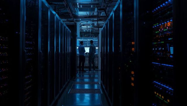 Technicians Monitoring Servers in Dark Data Center with Blinking Lights