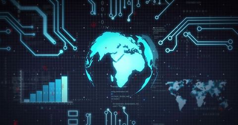 Glowing Digital Globe Pulsing Over Futuristic Data Dashboard With Circuit Network Overlay