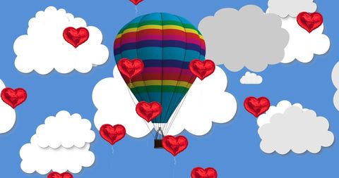 Colorful Hot Air Balloon with Heart-Shaped Valentine Balloons in Blue Sky - Download Free Stock Images Pikwizard.com