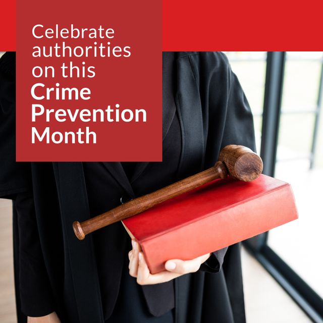 Caucasian lawyer with gavel and book and celebrate authorities on this crime prevention month. Text, midsection, composite, justice, law, legal system, protection, support, awareness and alertness.