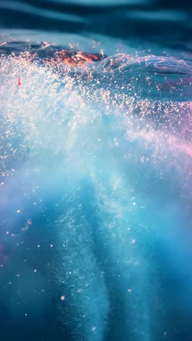 Vertical underwater luminescent plume with rising bubble stream and glowing particles