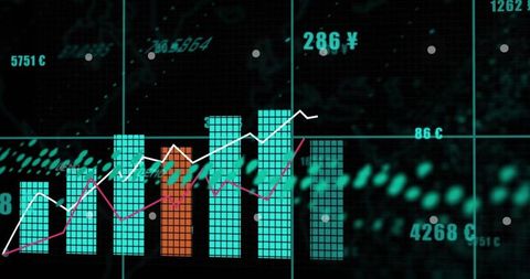 Neon trading dashboard receiving live feed, pulsing bars and rising trend lines