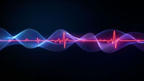 Pulsing neon ecg waveform crossing dark background with luminous blue mesh and red spikes