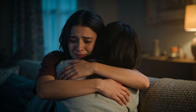 Emotional woman crying while hugging friend on sofa showing grief, comfort and support