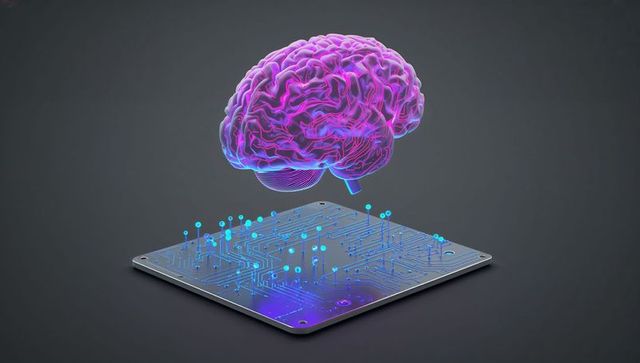 Neon brain hovering above circuit board in digital fusion