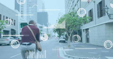 Digital interface overlapping cyclist in urban environment