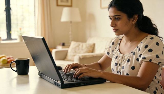Woman working on laptop at home table with coffee mug, cozy daylight remote work lifestyle