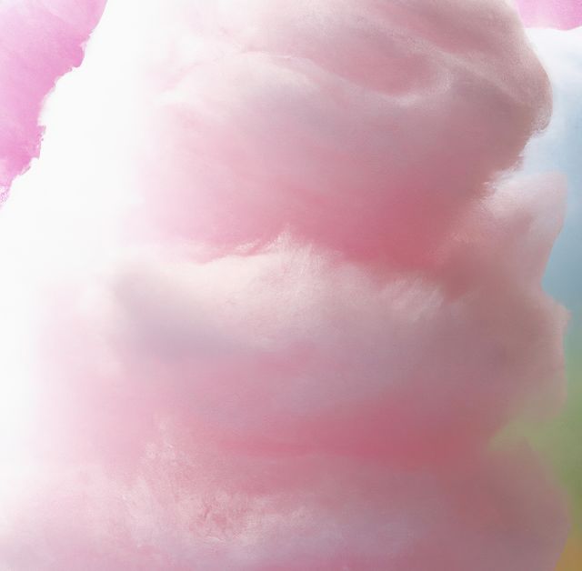 Close-up of fluffy pink cotton candy with bright and soft light on it. Great for themes related to sweet treats, desserts, carnival foods, nostalgic memories, and childhood fun. Suitable for use in food blogs, marketing materials for fairs and carnivals, or whimsical and dreamy designs.