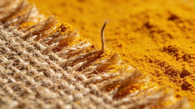 Dusting burlap fringe with vibrant turmeric powder macro texture for rustic food branding