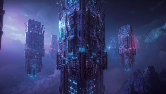 Futuristic Hovering Towers Illuminate Twilight Sky