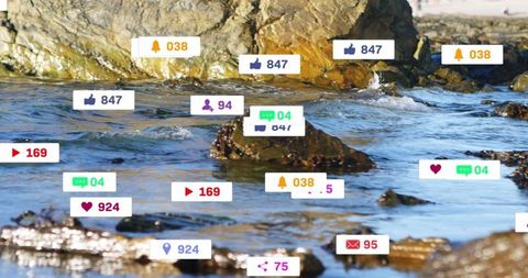 Dynamic Digital Notifications Overlaid on Rocky Shoreline Scene