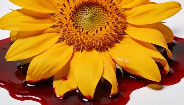 Sunflower petals dripping crimson liquid closeup still life evoking contrast