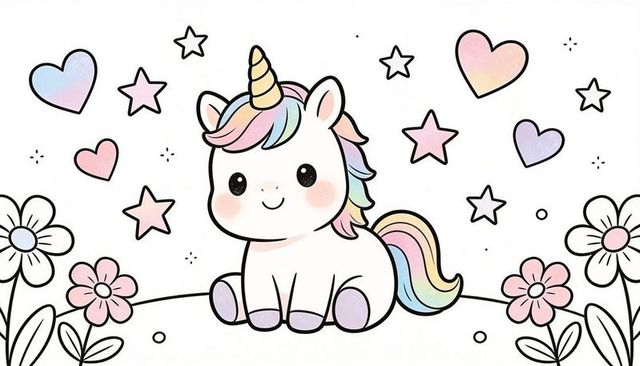 Cute unicorn sitting in pastel meadow with golden horn and rainbow mane, hearts and stars
