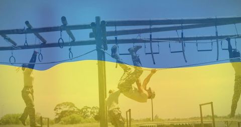 Diverse Soldiers Exercising Under Ukrainian Flag Overlay