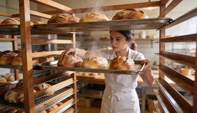 Baker placing steaming sourdough loaves on wooden racks in artisan bakery kitchen