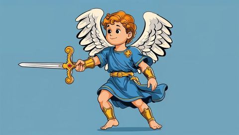 Angelic Warrior Boy With Wings and Gold Armor Holding Sword