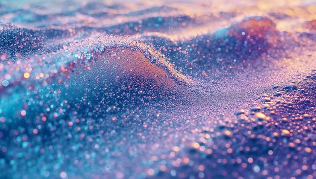 Macro view of vibrant liquid foam with bokeh and shimmering bubbles
