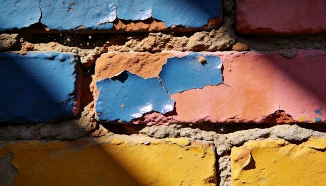 Peeling paint revealing colorful brick texture: weathered blue pink yellow masonry detail