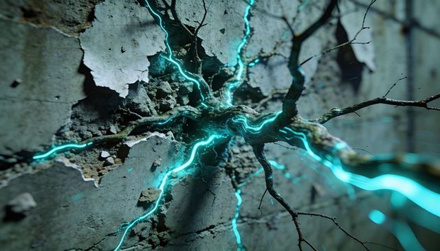 Bioluminescent root fusing into cracked concrete wall with neon cyan energy veins