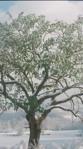 Quivering snow-dusted tree shedding flakes over tranquil winter field vertical video