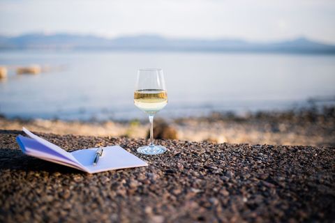 Relaxing by the Seaside with Glass of Wine and Journal