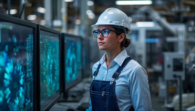 Female Technician Monitoring Industrial Control Screens Wearing Hard Hat Safety Glasses