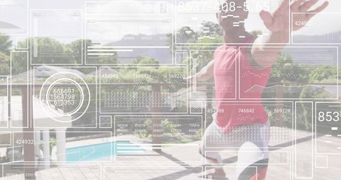 Athlete balancing on pool deck with augmented hud overlay for smart fitness training