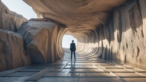 Man in suit facing tunnel exit with futuristic design