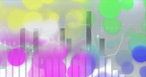 Colorful Abstract Financial Dashboard Displaying Vertical Bars, Candlesticks, Neon Line Trend