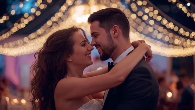 Romantic Newlyweds Dancing Under String Lights