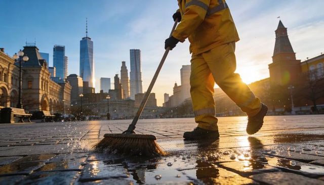 Street cleaner sweeping wet plaza at sunrise with reflective city skyline